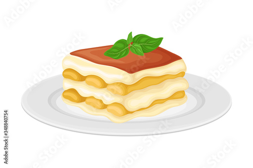 Italian Tiramisu Cake Layered with Whipped Cream and Mascarpone Cheese Vector Illustration