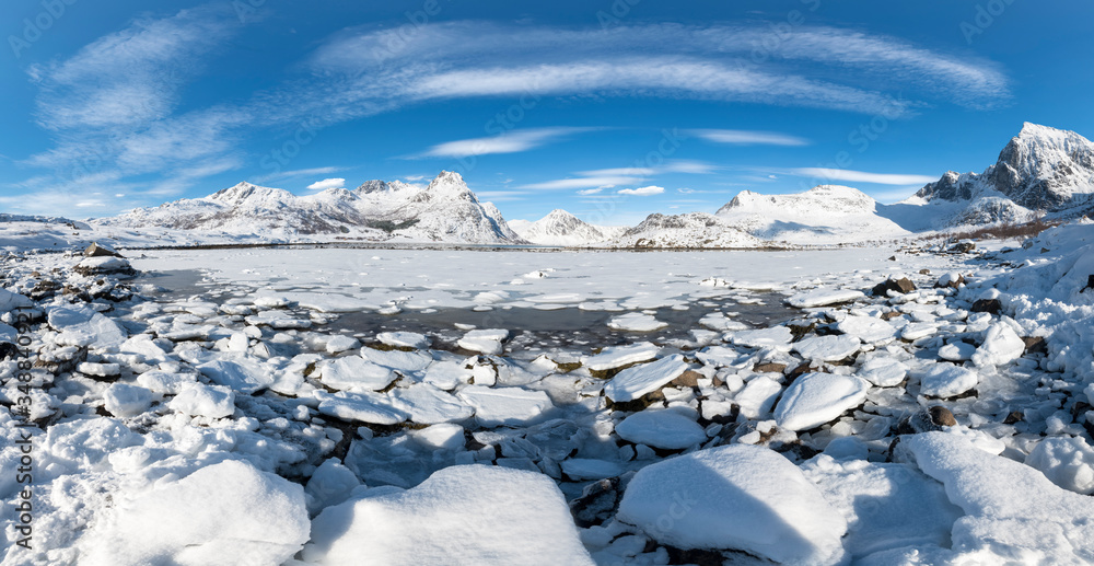 Winter landscape with mountains and frozen lake - panorama