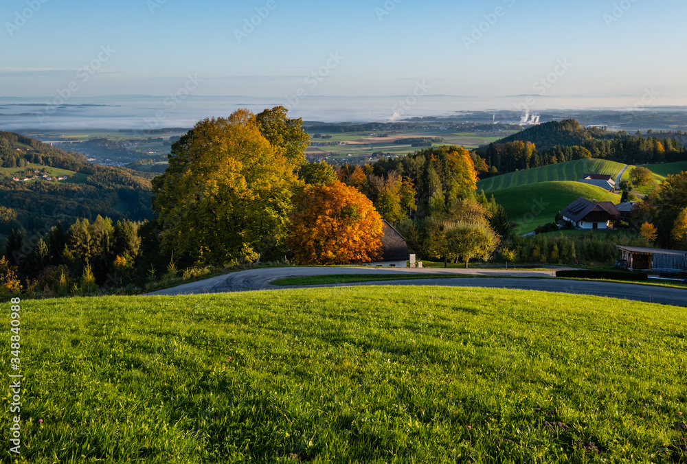 Peaceful autumn sunrise rural view, Gmundnerberg, Altmunster am Traunsee, Upper Austria.