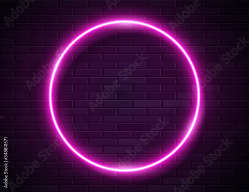 Neon Glowing Circle Pink Frame for Banner on Dark Empty Grunge Brick Background