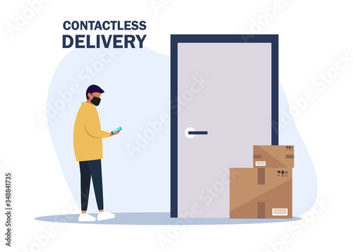 Vector illustration No contact delivery. Deliver man brings the boxes and puts them near the apartment door. Non-contact express delivery service. Self isolation and quarantine lifestyle