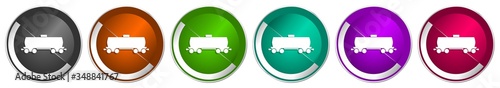 Fuel cistern wagon icon set, train silver metallic chrome border vector web buttons in 6 colors options for webdesign