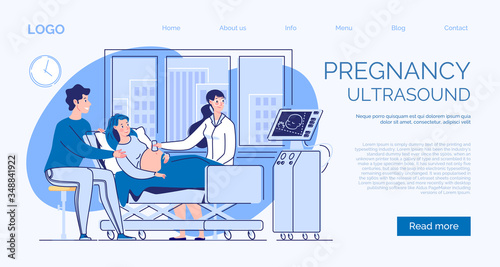 Website banner about the health of mother and child in the perinatal period. Pregnant wife and husband at the consultation of the doctor of ultrasound diagnosis. 