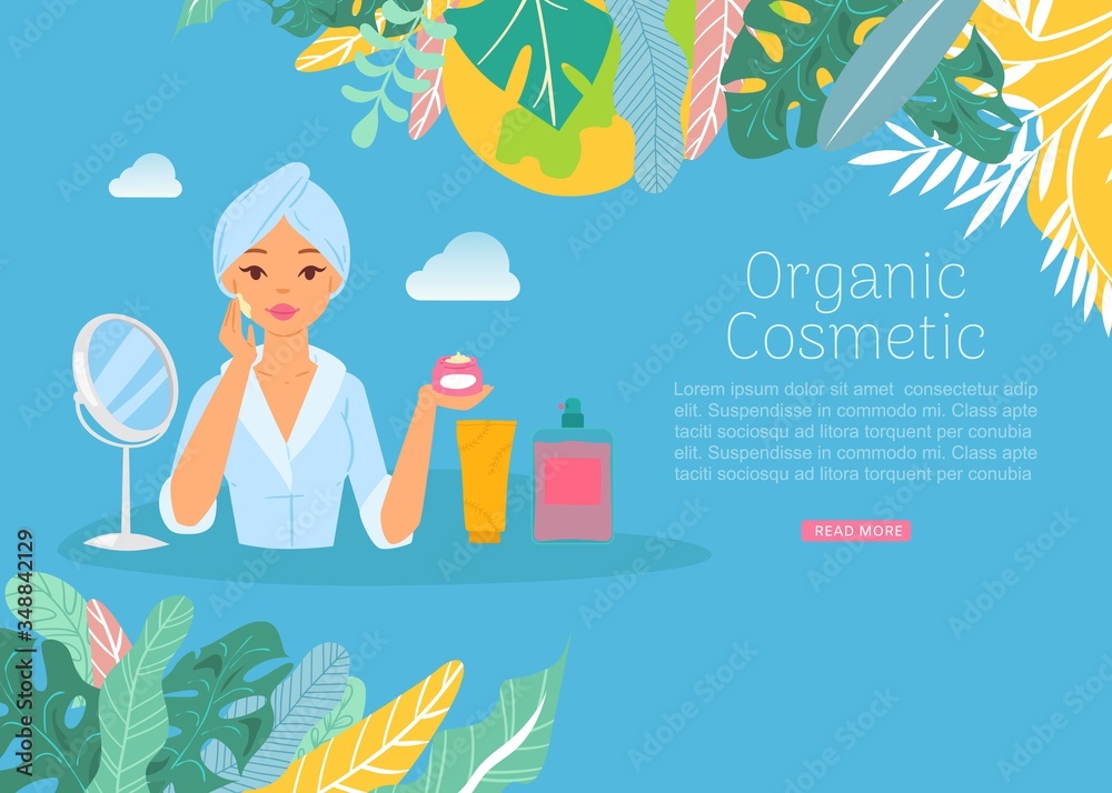 Natural organic cosmetics, skincare beauty products in bottles, jars, tubes for woman skin, flat vector illustration of web banner. Cosmetology website, cosmetologist spa products.
