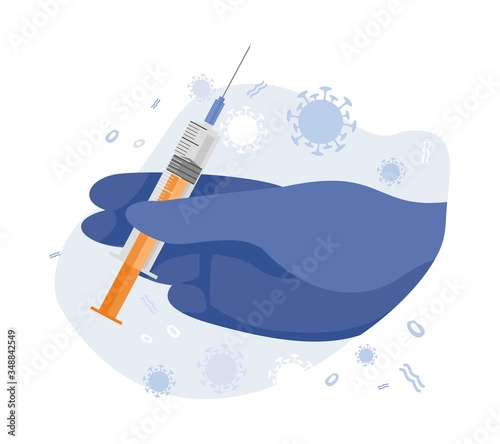 Hand in a medical glove holds a syringe on an abstract background with viruses.  Banner concept of search for a vaccine during outbreaks. Mandatory vaccination of the population. Vector illustration.