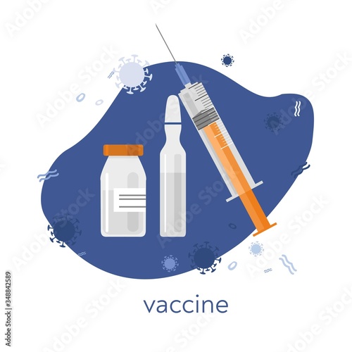 Ampoule, jar, syringe on a blue abstract background with viruses, bacteria. Concept of searching for vaccines against diseases. Banner about vaccination of the population. Cartoon vector illustration.