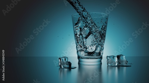 Glass of clear water - Blue Drinking water with ice cubes