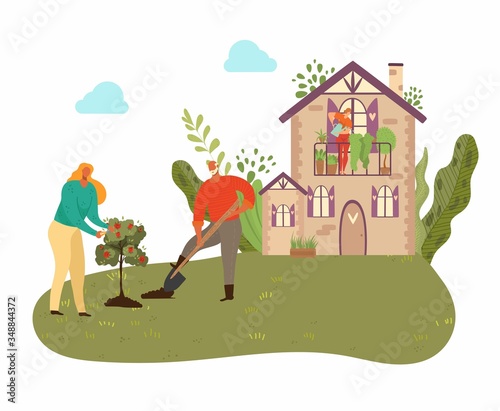 Fototapeta Naklejka Na Ścianę i Meble -  People planting tree in garden with country house, plants and gardening at nature, men with showel in garden isolated vector illustration. Gardeners in summer growing fruit tree.