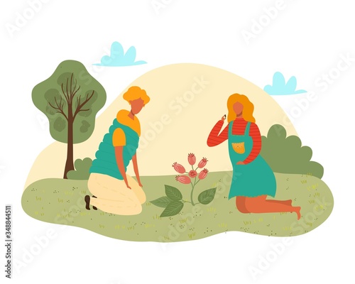 Cute girl planting flowers flat vector illustration of ecology and environmental protection. Childrens on summer nature, green enviroment for kids, green planet earth with plants and trees.