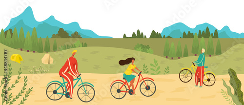 People riding bicycles in park outdoors  sport recreation in nature and active lifestyle flat vector illustration  cycling for green earth. Healthy summer in park  man and woman cyclists on bikes.