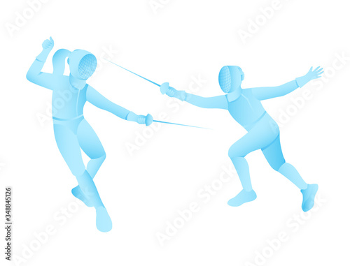 two swordsmen fight with rapiers in full equipment. athletes in training, competition, championship. vector flat illustration