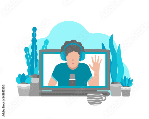 Vector flat illustration with laptop and person (on screen) at home recordind video on webcam. Remote work by bloggers, podcast hosts, teachers using online stream servises.  Life style in quarantine