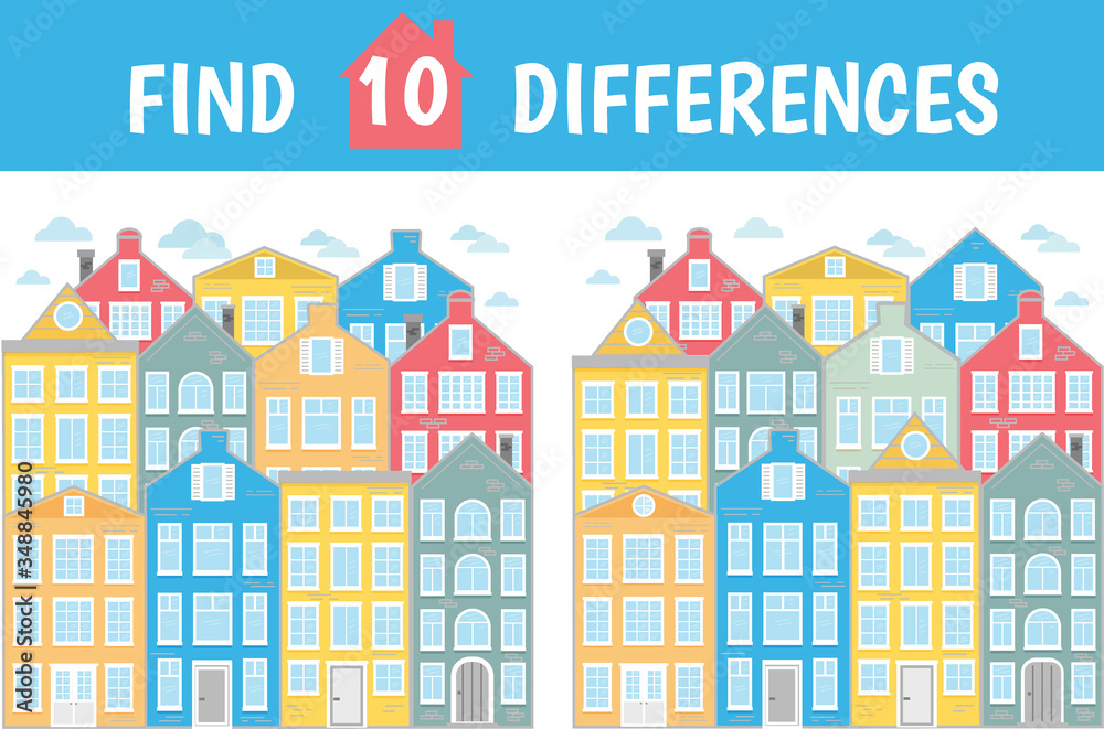 Find ten differences. Mindfulness game for children and adults. Houses, city, street. Vector illustration.