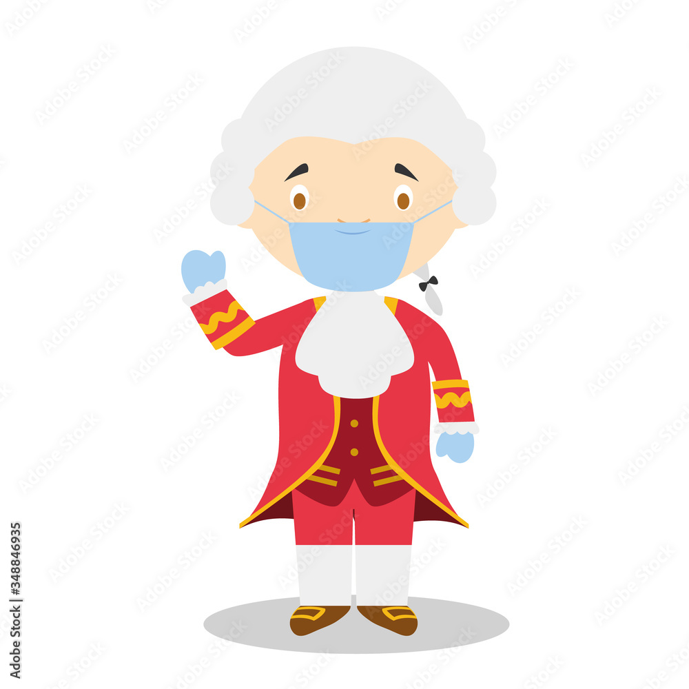 Wolfgang Amadeus Mozart cartoon character with surgical mask and latex gloves as protection against a health emergency