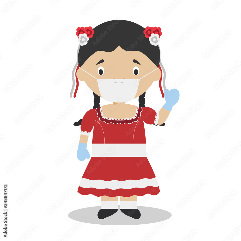 Character from Chile dressed in the traditional way and with surgical mask and latex gloves as protection against a health emergency Character from Chile dressed in the traditional way and with surgical mask and latex gloves as protection against a health emergency