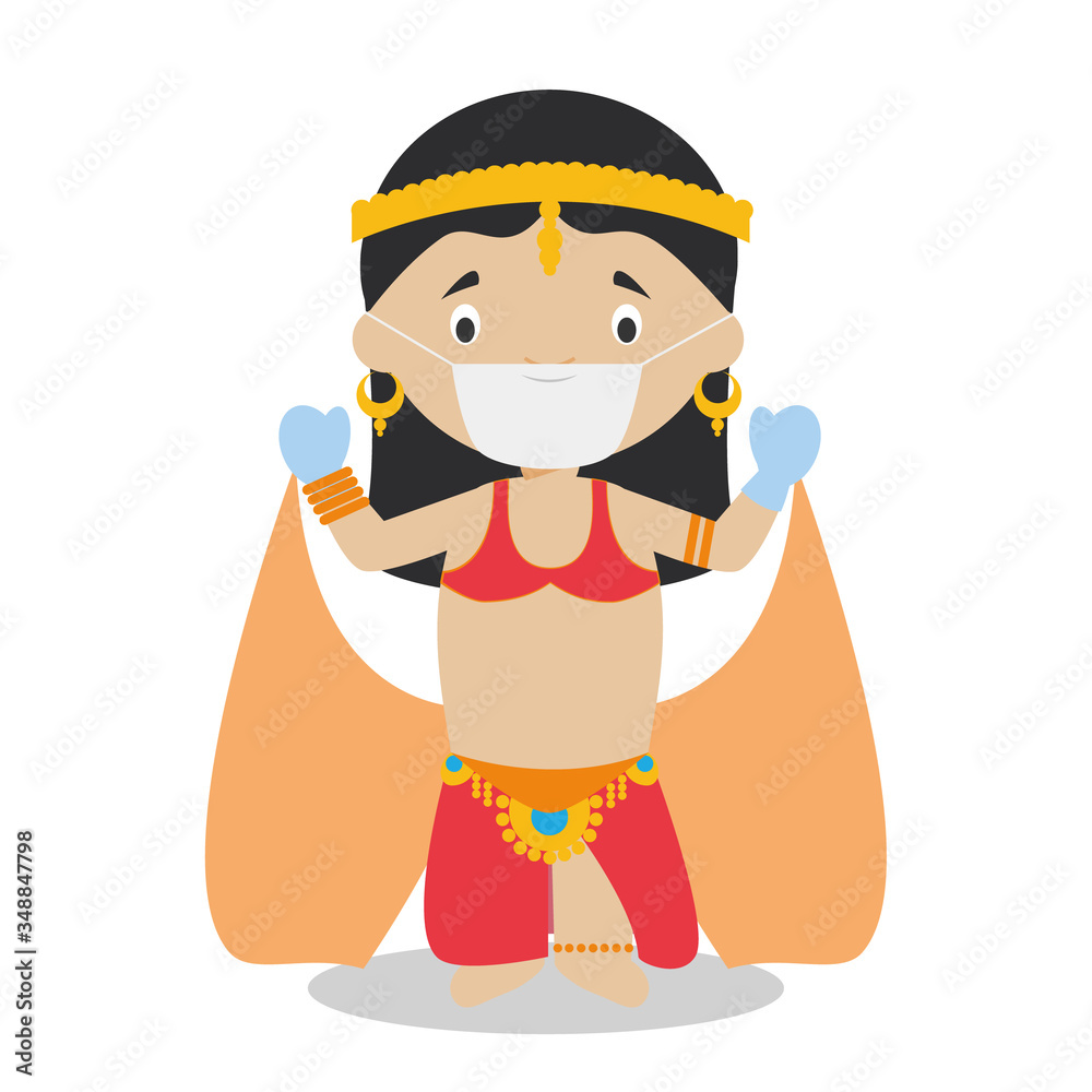 Belly dancer girl dressed in the traditional way and with surgical mask and latex gloves as protection against a health emergency