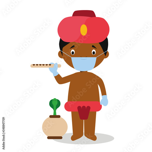 Character from India dressed in the traditional way as a snake charmer and with surgical mask and latex gloves as protection against a health emergency
