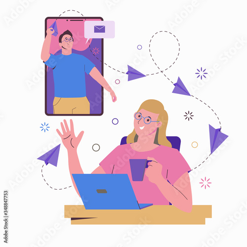 Remote work at home online. Freelance Freelancer girl with a laptop. Communication with colleagues, assignments. Cooperation. Flat illustration isolated on a white background. Mailing of letters