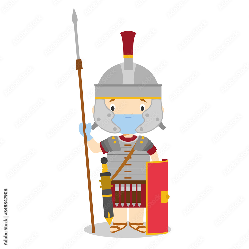 Fototapeta premium Character from Italy dressed in the traditional way as a Roman Legionary and with surgical mask and latex gloves as protection against a health emergency