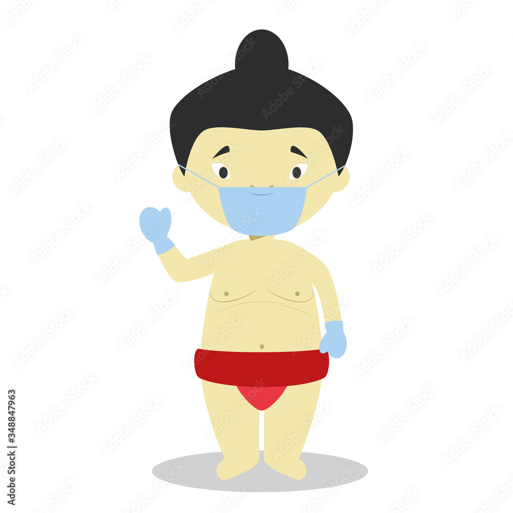 Character from Japan dressed as a sumo wrestler and with surgical mask and latex gloves as protection against a health emergency