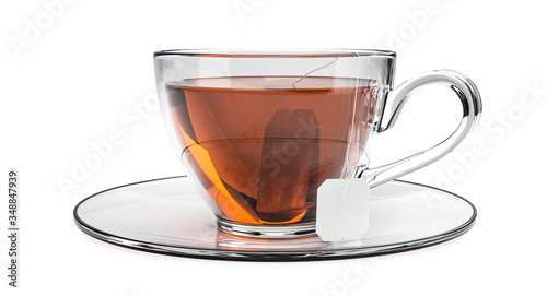 Cup of black tea isolated on white background. Glass cup with teabag. Black, brown hot tea. 3d rendering.