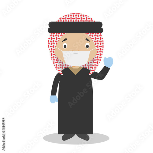 Character from Jordan dressed in the traditional way and with surgical mask and latex gloves as protection against a health emergency