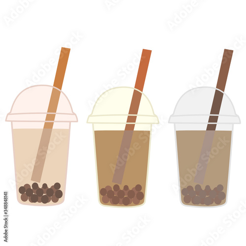 The delicious three cup of bubble tea with different color. A cold soft drink for summer. Sweet beverage. Tasty and yummy food. A takeaway Product logo. 