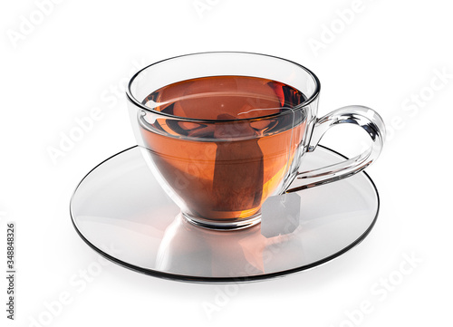 Cup of tea isolated on white background. Glass cup with teabag. Black, brown hot tea. 
