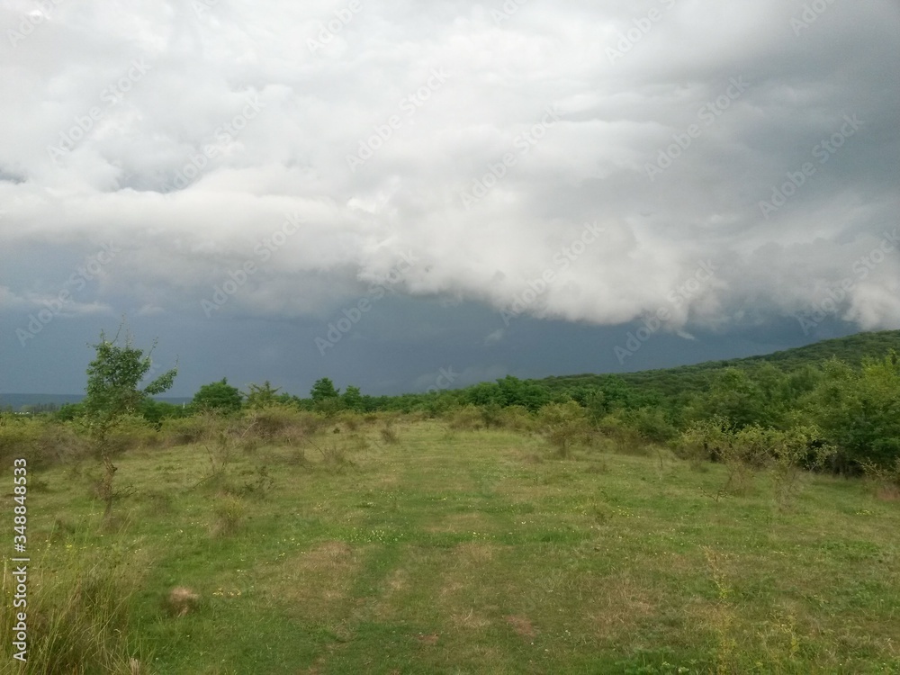 stormy clouds over green forest in summer season stormy clouds over green forest in summer season