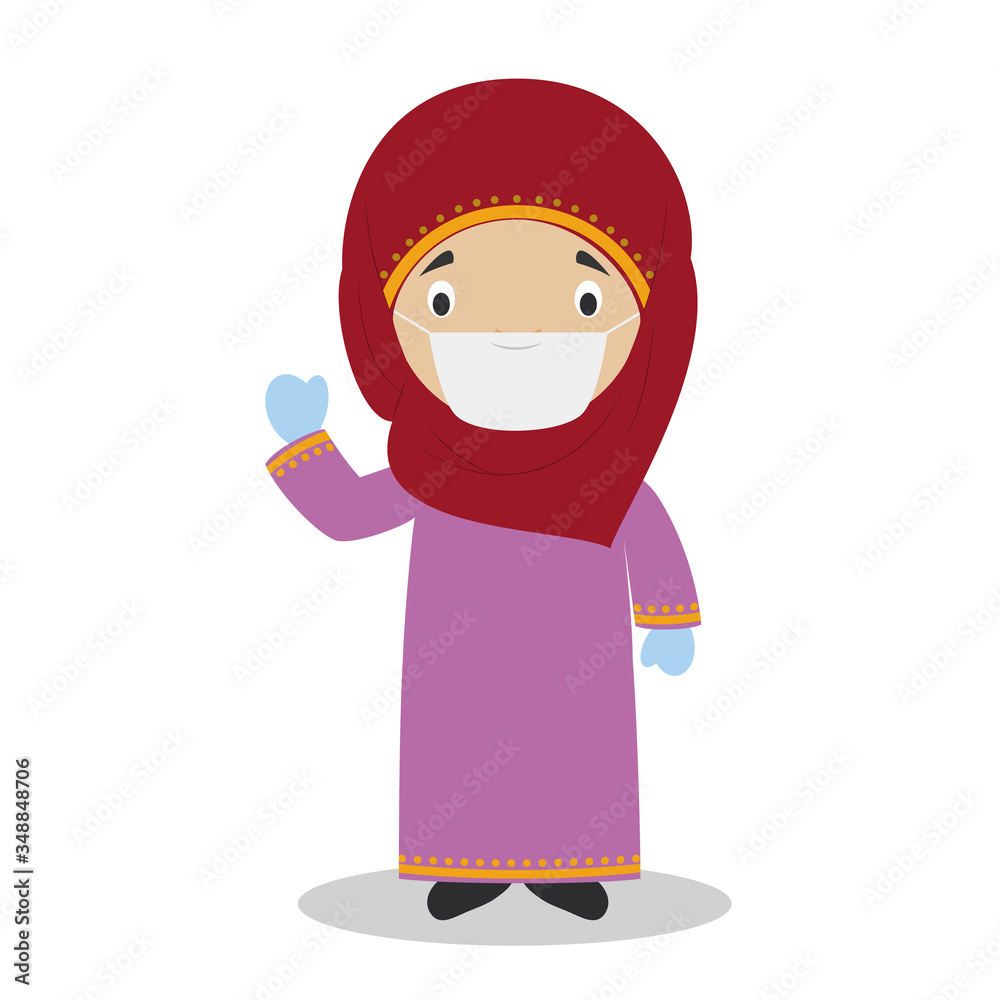 Character from Qatar dressed in the traditional way and with surgical mask and latex gloves as protection against a health emergency Character from Qatar dressed in the traditional way and with surgical mask and latex gloves as protection against a health emergency