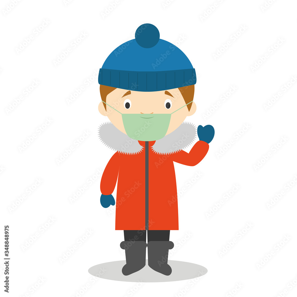 Character from South Pole, Arctic or Antarctica dressed in the traditional way and with surgical mask and latex gloves as protection against a health emergency