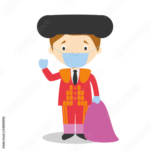 Bullfighter character dressed on red and gold and with surgical mask and latex gloves as protection against a health emergency