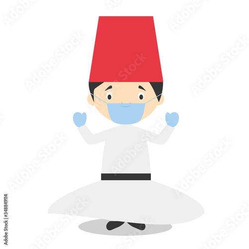 Character from Turkey. Whirling Dervishes dressed in the traditional way and with surgical mask and latex gloves as protection against a health emergency