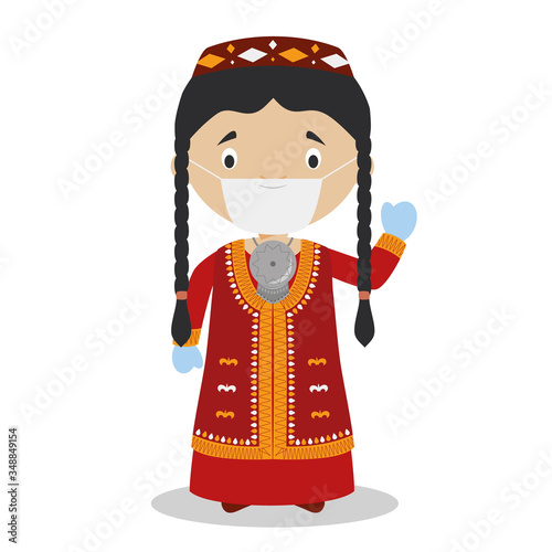 Character from Turkmenistan dressed in the traditional way and with surgical mask and latex gloves as protection against a health emergency