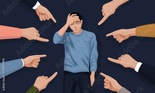 Depressed and sad young man surrounded by hands with index fingers pointing at he. Concept of guilt, accusation, public censure and victim blaming. Flat cartoon colorful vector illustration.