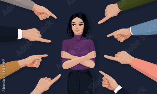 Depressed and sad young woman surrounded by hands with index fingers pointing at her. Concept of quilt, accusation, public censure and victim blaming. Flat cartoon colorful vector illustration.