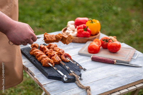 barbecue bell pepper mushrooms cook lie on the table on nature