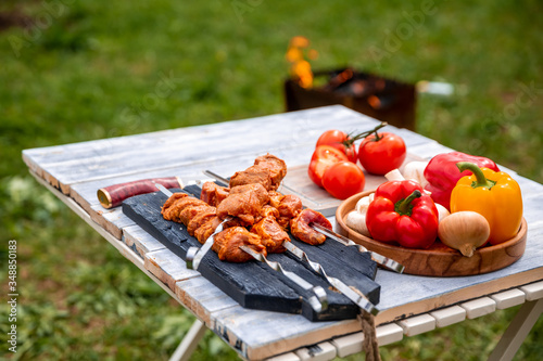 meat bell pepper mushrooms lie on the table in nature