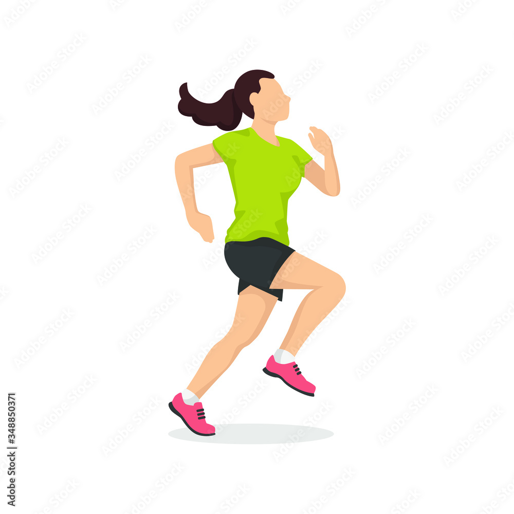 Running woman in modern style vector illustration, healthy person simple flat shadow isolated on white background. Running woman in modern style vector illustration, healthy person simple flat shadow isolated on white background.