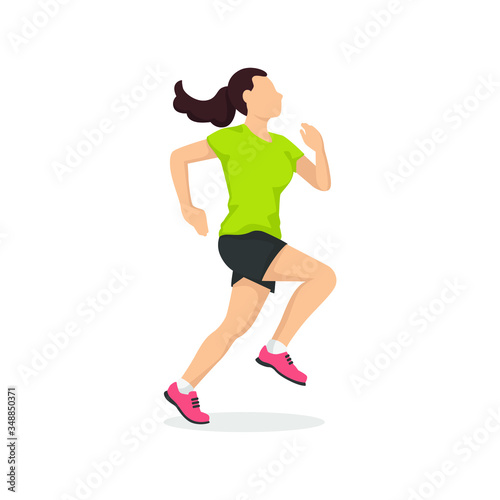 Fototapeta Naklejka Na Ścianę i Meble -  Running woman in modern style vector illustration, healthy person simple flat shadow isolated on white background.
