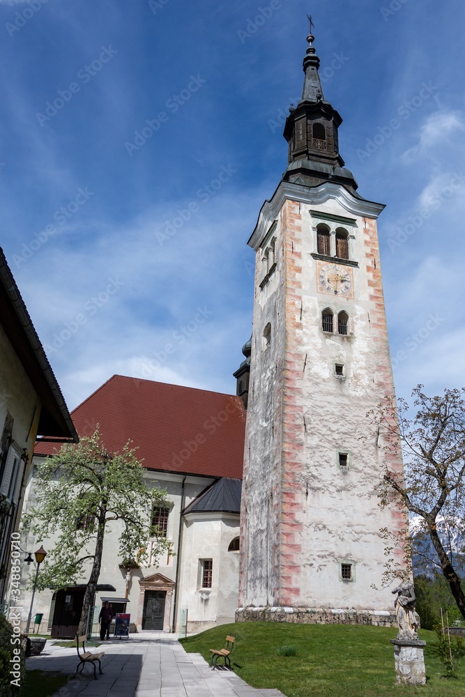 Church of the Assumption of Saint Mary and the bell tower on the island in the middle of Bled Lake in Slovenia Church of the Assumption of Saint Mary and the bell tower on the island in the middle of Bled Lake in Slovenia