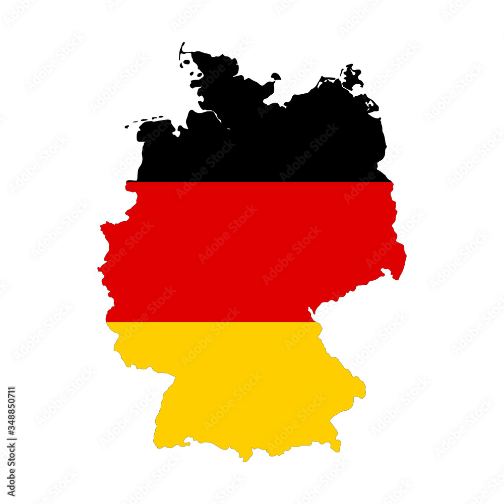 Map of Germany. Vector design isolated on white background. Shape of Germany map filled up with German flag colors. Map of Germany. Vector design isolated on white background. Shape of Germany map filled up with German flag colors.