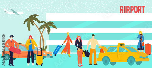 Tourists with baggage suitcases in airport taxi, travellers people put luggage to cars flat vector illustration. Airplane in air flight, man with bags at arrival touristic airport taxi transport.