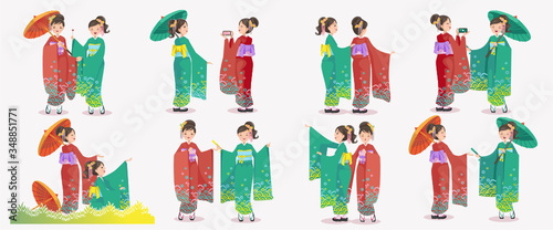 Japanese girl set. Japanese women kimono dressing national dress. Emotions and gestures of japan retro style. Tourists dressing up in Japan style. Vector illustration.