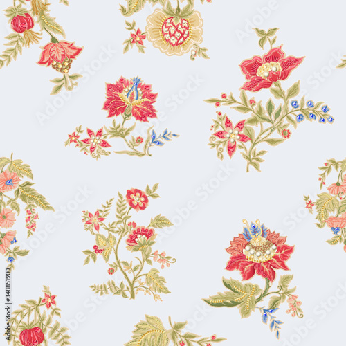 Fantasy flowers in retro  vintage  jacobean embroidery style. Embroidery imitation with beads and sequins. Seamless pattern  background. Vector illustration.