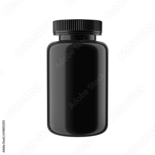 Black Glossy Plastic Bottle with Cap, Isolated on white background.