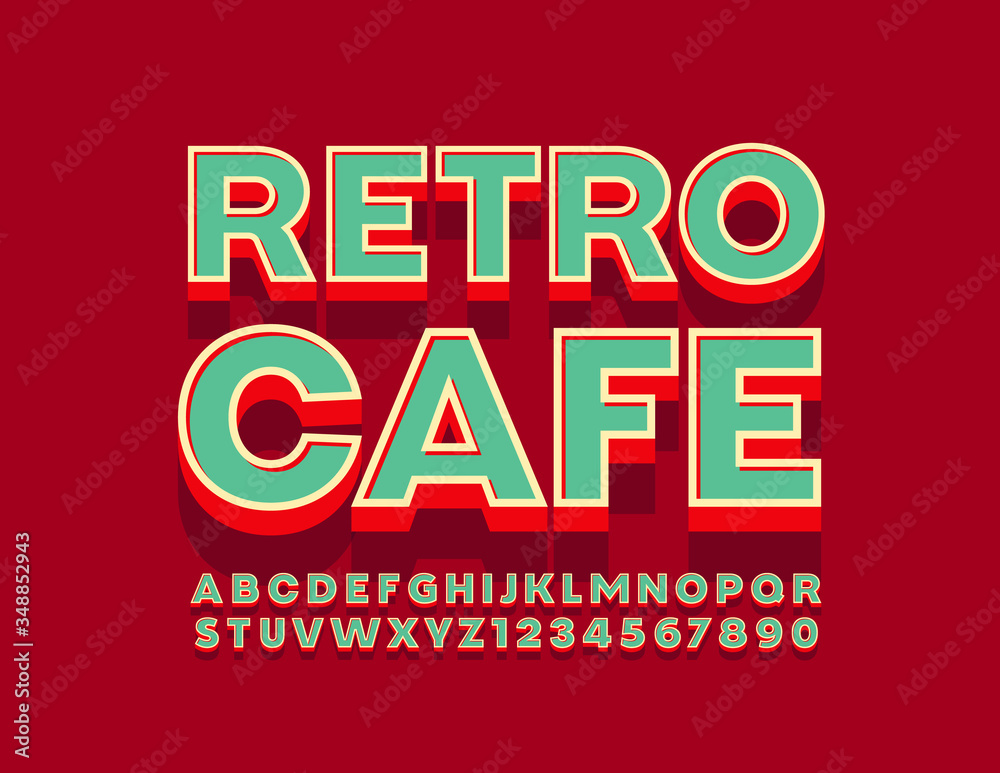 Vector bright logo Retro Cafe with 3D Font. Vintage Alphabet Letters and Numbers