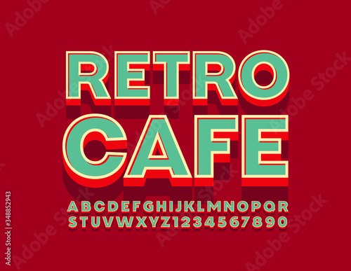 Vector bright logo Retro Cafe with 3D Font. Vintage Alphabet Letters and Numbers