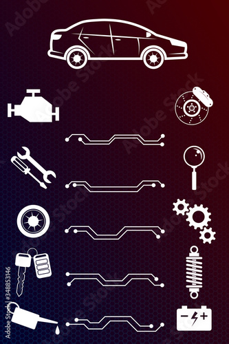 Car service, repair, diagnostics - set of icons for repair around the car. Vector vertical