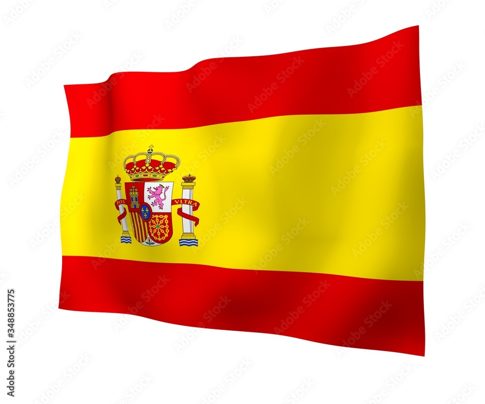 Obraz premium The flag of Spain. Official state symbol of the Kingdom of Spain. Concept: web, sports pages, language courses, travelling, design elements. 3d illustration